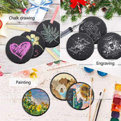 68 PCS Round Slate Drink Coasters Set, SIJDIEE 4 Inch Laser Engraving Black Slate Stone Coasters with Anti-Scratch Bottom and Coaster Holder for Office Bar Kitchen Home Dinner Table Decor Supplies