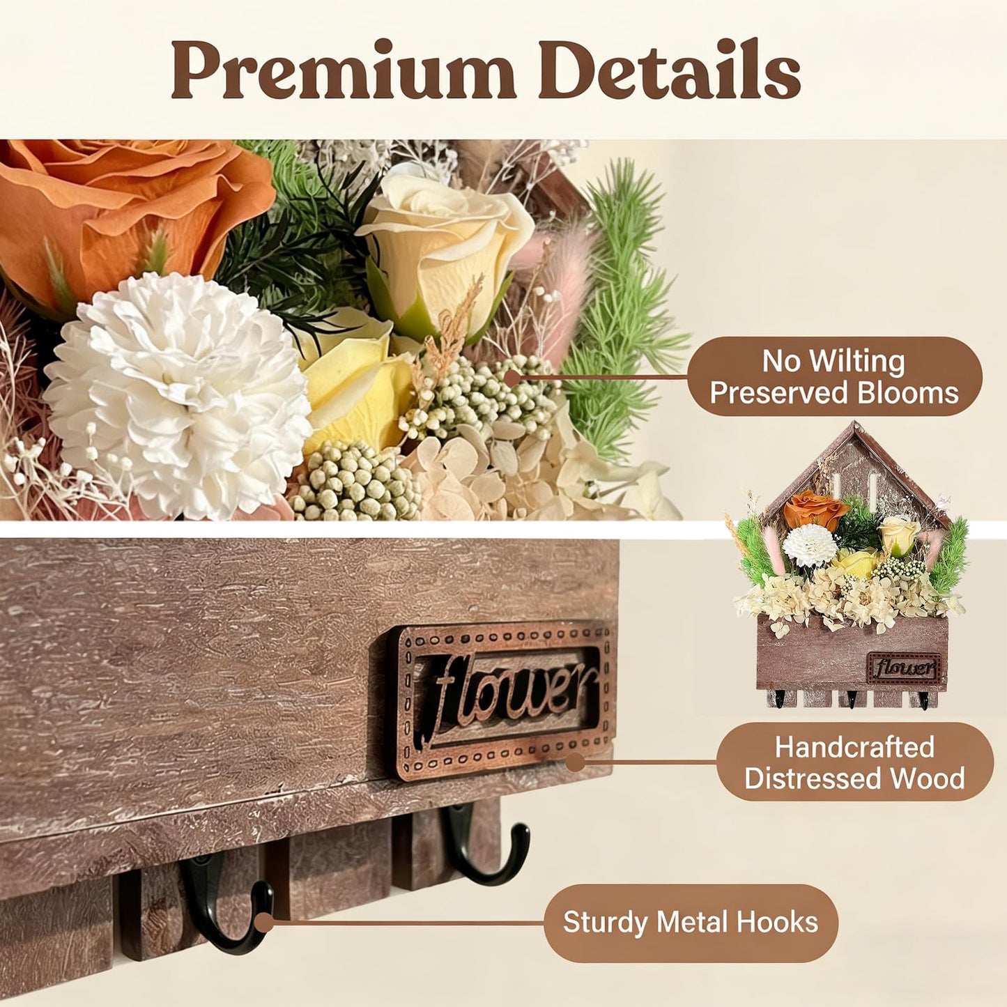 EIGHTOWN Orange Floral Wall Hooks, Farmhouse Wooden House Shape Key Holder with 3 Hooks, Artificial Soap & Dried Flower Decorative Hanger for Entryway, Living Room, Home Decor (Orange)