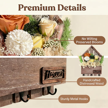 EIGHTOWN Orange Floral Wall Hooks, Farmhouse Wooden House Shape Key Holder with 3 Hooks, Artificial Soap & Dried Flower Decorative Hanger for Entryway, Living Room, Home Decor (Orange)