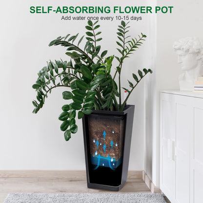 Black Planters Outdoor Set of 2, 22 Inch Tall Plastic Planter with Drainage Holes & Water Level Monitor & Inner Bucket, Indoor & Outdoor Large Planters for Front Porch, Patio, Balcony, Living Room