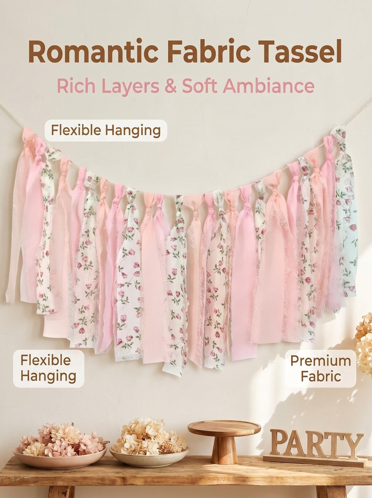 Mybbshower Pink Floral Tsaasel Garland for Wedding Spring Tea Party Haning Chiffon Tassel Banner Table Decor