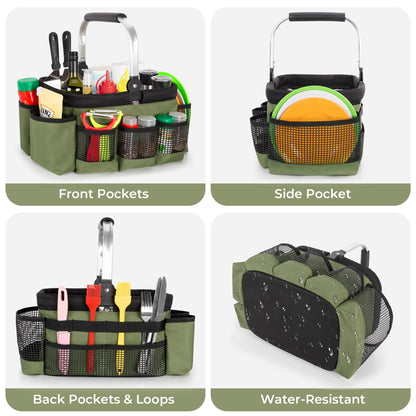 PGmoon Grill and Picnic Caddy, Foldable BBQ Tool Caddy with Rotated Handle, Multi-Pocket Grill Utensil Storage Bag for Outdoor Camping Picnic Patio Barbecue Accessories, Green