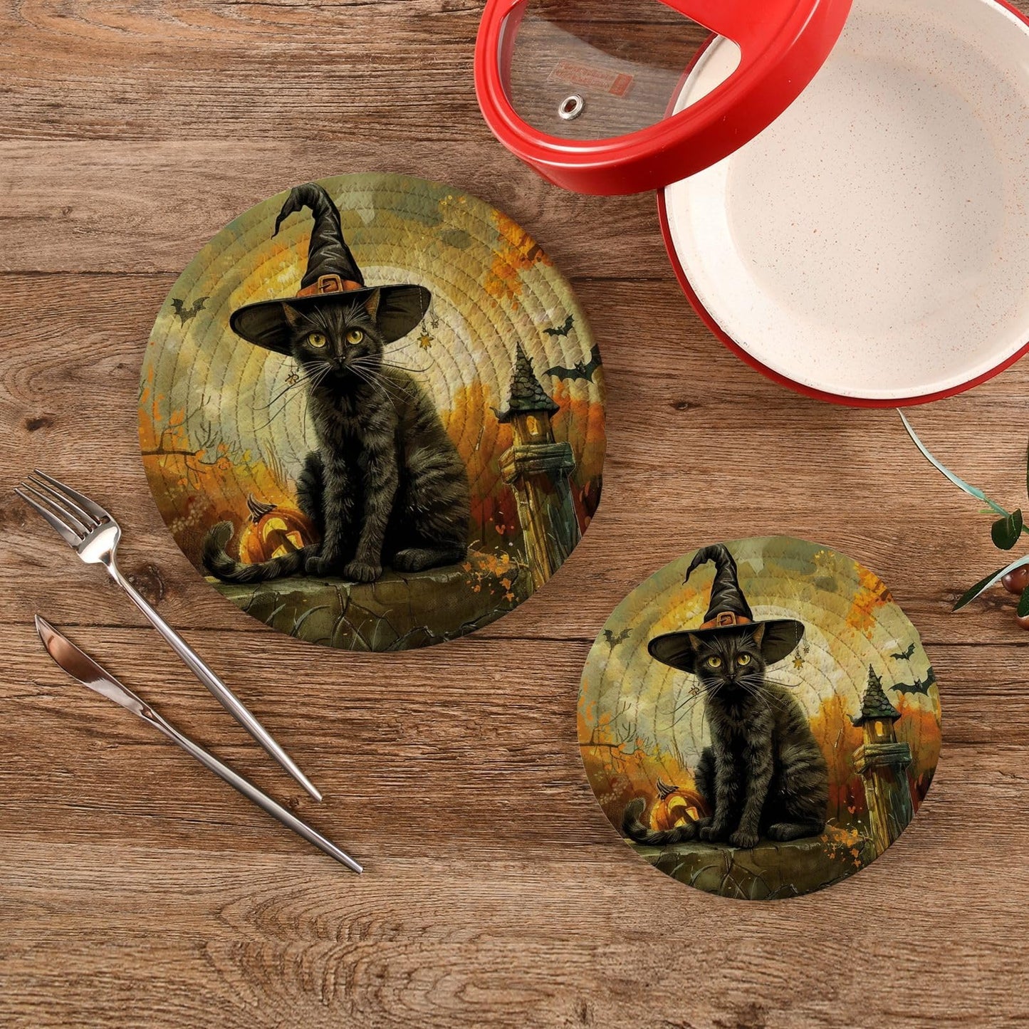 Kitchen Set of 2 Potholders Trivets, Halloween Graveyard Black Cat Witch Pumpkin Woven Hot Pot Coasters Placemats for Cooking Baking Hot Dish Pan Pot Bowl Teapot(7&9 Inches Diameter)