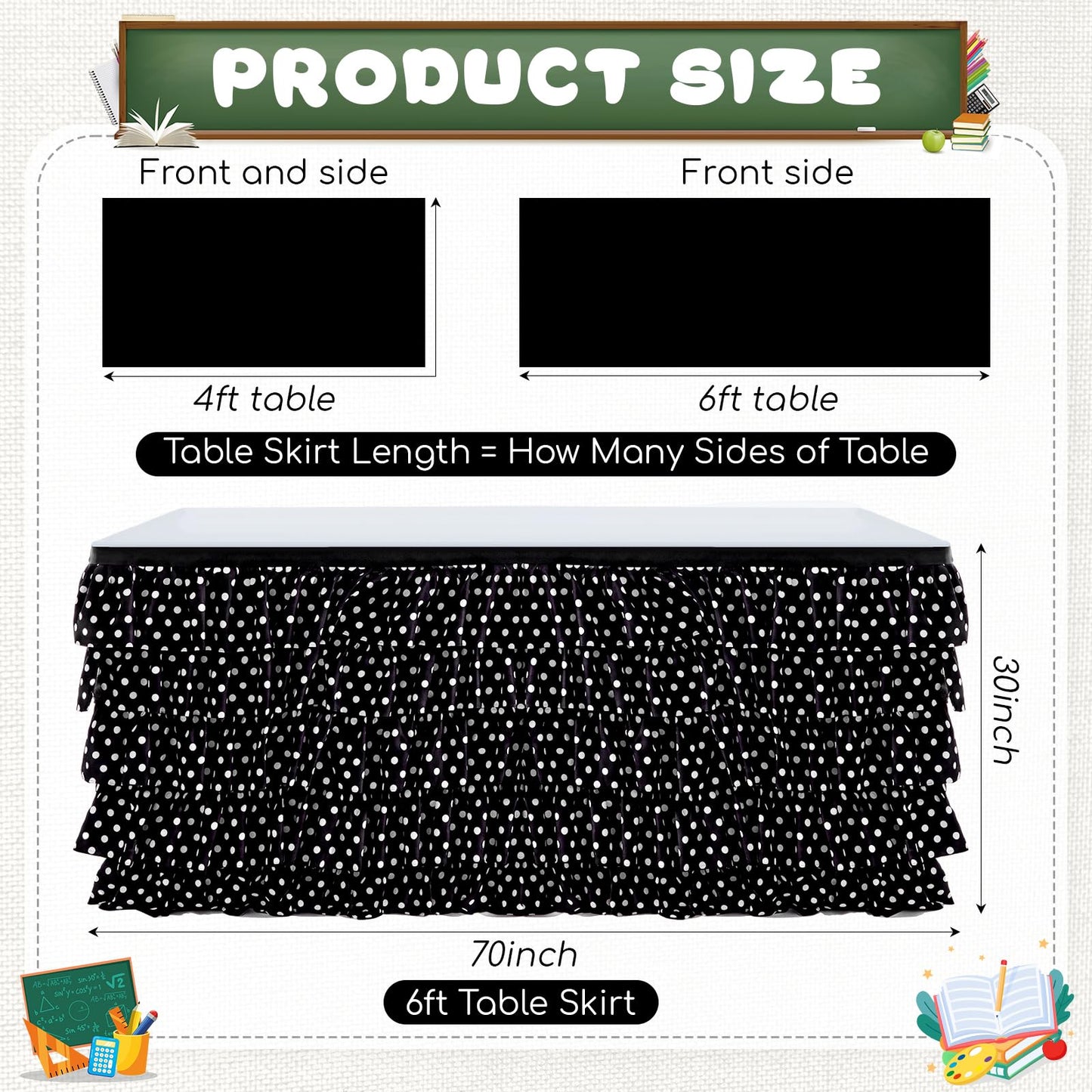 Panelee 6ft Black and White Polka Dot Table Skirt, Tutu Ruffled Teacher Desk Skirt, Back to School Table Cover for Kindergarten Preschool Middle School Classroom Office Bookcase Cabinet Decor