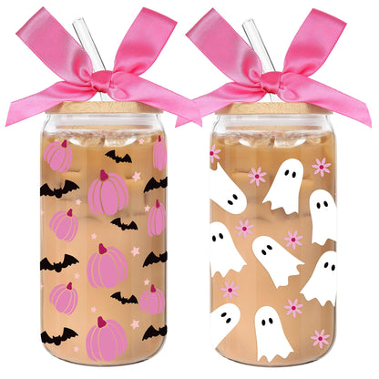2 Pack Halloween Pumpkin Ghost Bat Iced Coffee Glass Tumbler Cups with Lids and Straws - 16Oz Spooky Halloween Pumpkin Ghost Glass Tumbler Gifts With Pink Bow-knot for Women, Girls, Kids