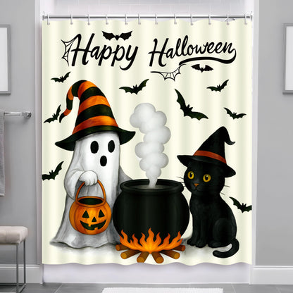 Tieshankao Halloween Bathroom Decor Ghost Cat Pumpkin Shower Curtain Spooky Decorations with 12PCS Hooks 72x72 Inch
