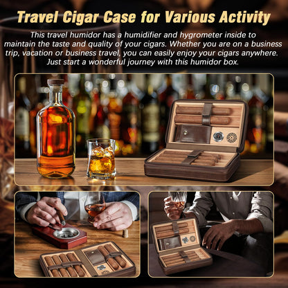 TISFA Cigar Humidor, Leather Cigar Case with Cigar Lighter, Cigar Cutter V Cut, Cigar Stand 3 in 1, Portable Travel Humidor with Humidifier, Cigar Gift Cedar Wood Cigar Box (Dark Brown)