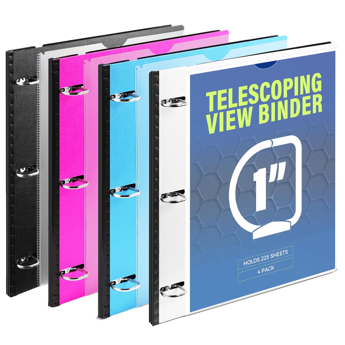 WOT I 4-Pack Telescoping 3 Ring Binder 1 Inch, Expandable Flexible Binder - Patented Design for Easy Portability, Holds 225 Sheets, Perfect for School, Office&Home Organization(Black+Pink+Blue+White)