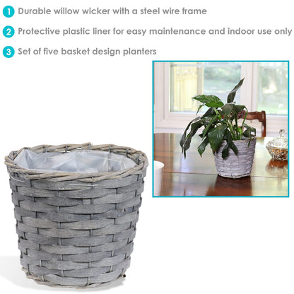 Sunnydaze 5-Piece Wicker Planter Basket Set - Indoor Use Only - Plastic Lined Flower Pots - Gray Poplar Construction with Steel Wire Frame - 6.75-Inch Diameter