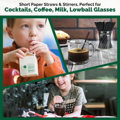 [500 Bulk] 5.75 inch Black Short Paper Straws, Stir Straws for Cocktail, Coffee, Mixed Drinks - Home, Bar and Restaurant Straws - 100% Biodegradable