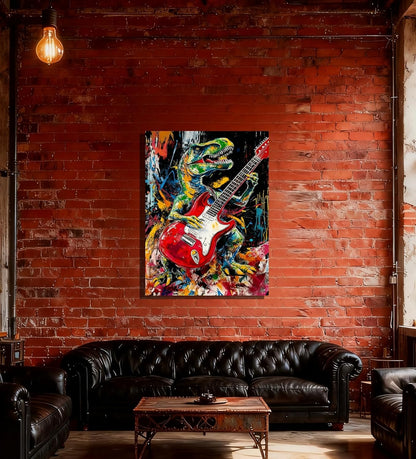 16x24 Graffiti Guitar T-Rex Wall Art Modern Rock Picture Framed Canvas Gallery Pop Prints Cartoon Home Office Decor DJ Dinosaur Urban Posters Funny Bedroom Living Room Kids Nursey Teen Boys Men