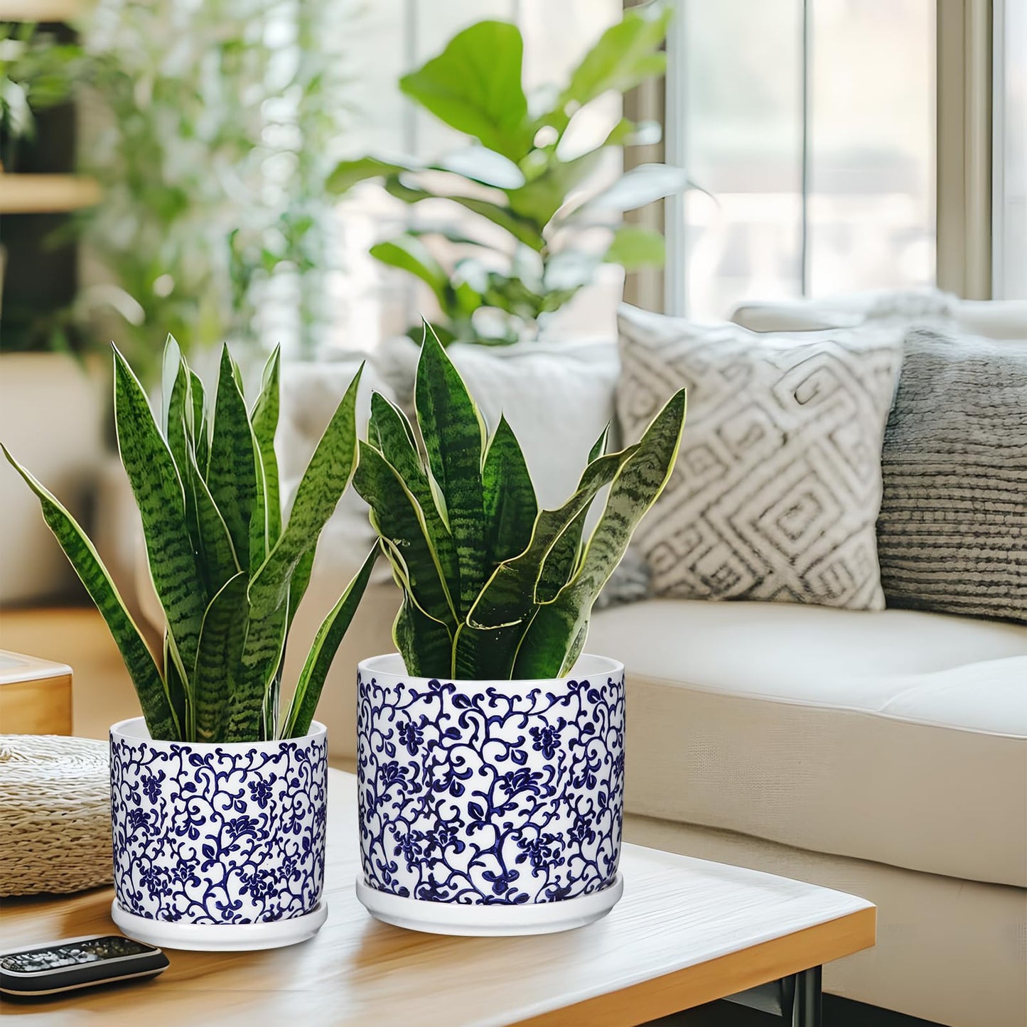 Set of 2 Blue and White Ceramic Plant Pots with Drainage Hole and Saucers, Retro Blue Porcelain Vase Round Planters for Succulent Cactus Indoor Outdoor Garden Home Desktop Decor, 4.5+5.5 Inch
