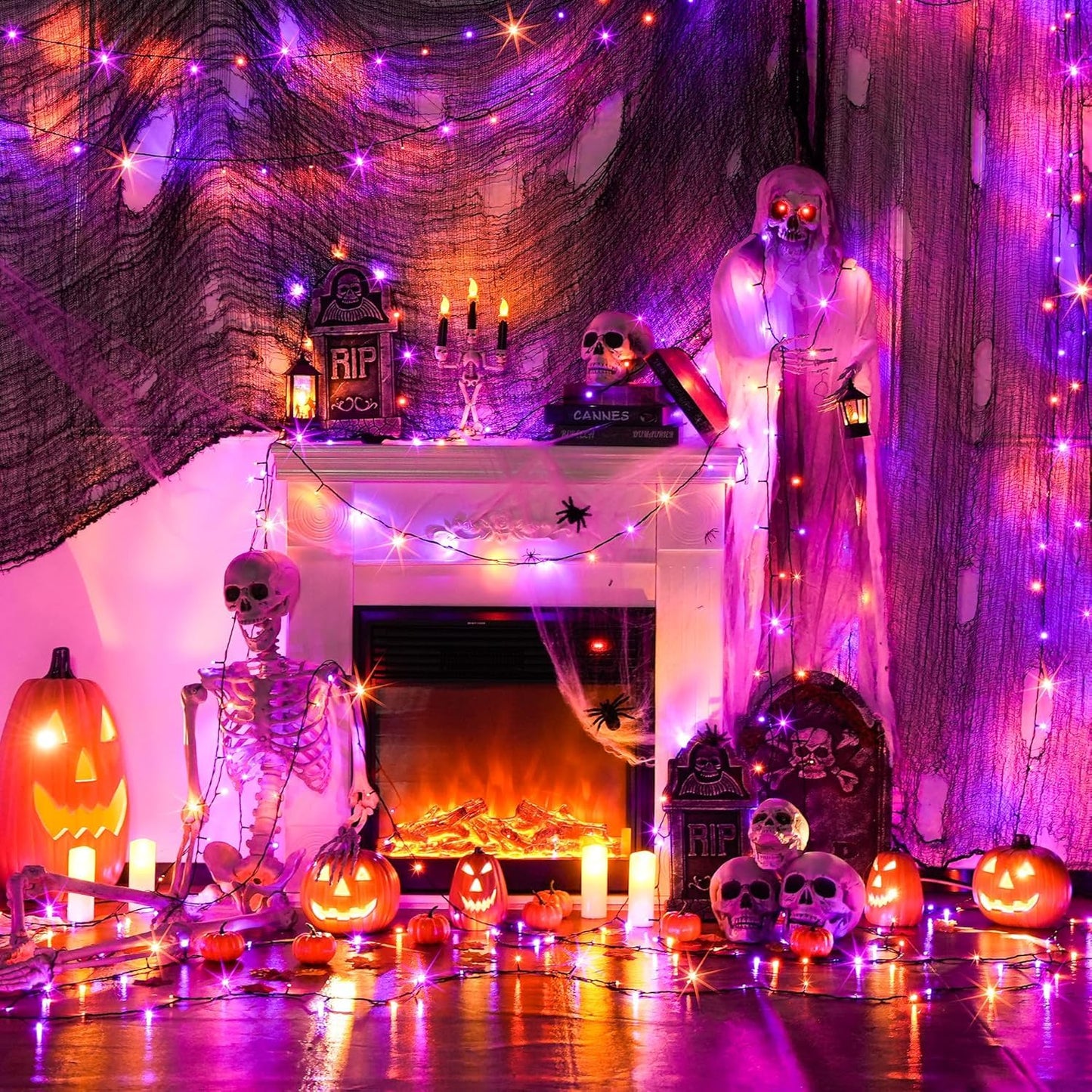 Taoushuleng 2 Pack Solar Purple&Orange String Lights Outdoor, Total 200 LED Each 40Ft with 8 Lighting Modes for Yard, Fence,Balcony, Party,Halloween Decorations (Purple&Orange)