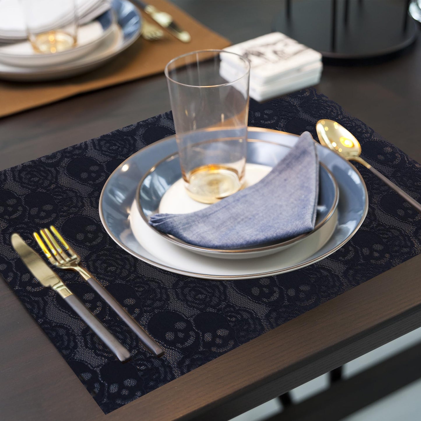 6pcs Placemats- Black lace Placemats 12 * 17 inches fo Halloween Decor, Skull Rose Design Dinning Table mats for Cocktail Party, Halloween, Wedding, Tea Party and Home Decor Projects. (6 pcs)