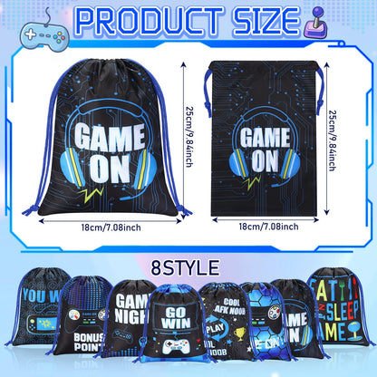 Faccito 16 Pieces Video Game Party Favors Bags 7 x 9.8 Inch Gaming Party Drawstring Bags Bulk Game Theme Goodie Candy Treat Gift for Boys Girls Birthday Supplies, 8 Styles(Blue)