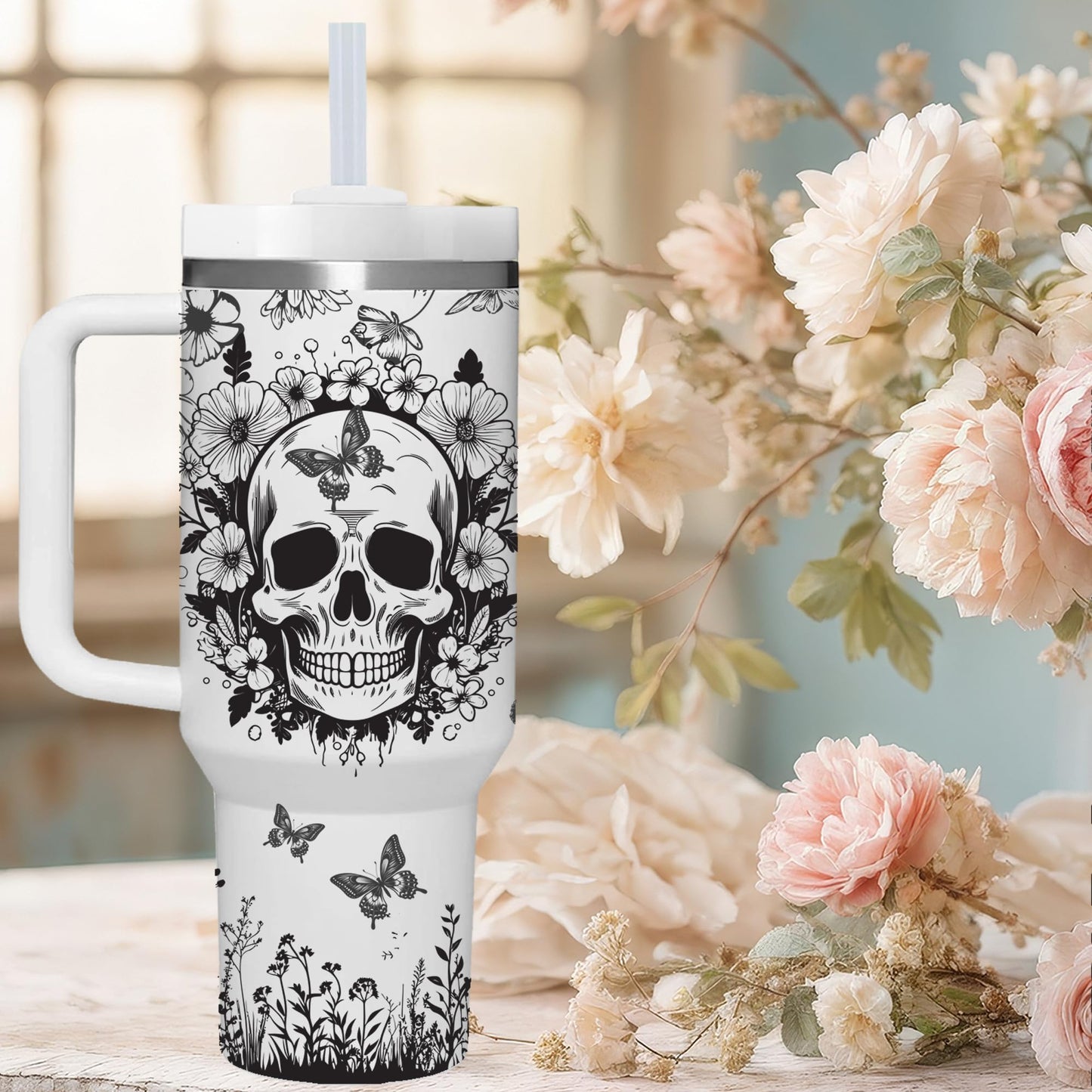 AMZUShome 40 OZ Goth Skulls Tumbler with Handle.Skull Lover Tumblers Gift.Unique Birthday Christmas Halloween Goth Skull Cup Gifts.40 OZ skulls Tumbler Gifts for Women.