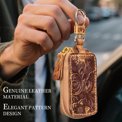 Gexmil Genuine Leather Zipper Car Key Case, Full Grain Leather, Pure Brass Hardware, Hand-Made Universal Car Key Holder, Mini Coin Bag for Women Men,Floral Brown