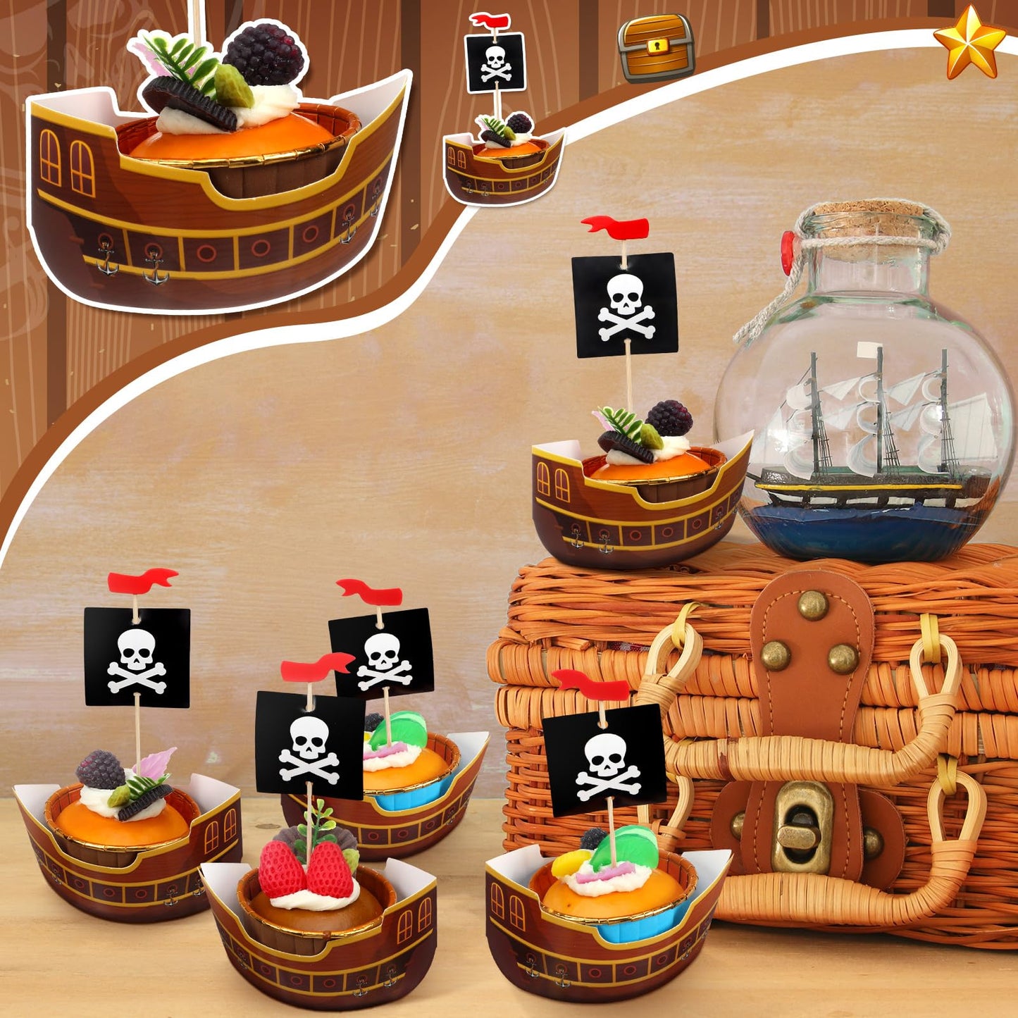 Vesici 72 Pcs Pirate Ship Cupcake Toppers Skull Cap Cupcake Picks Pirate Halloween Party Decorations for Birthday Party Cake Decorations Supplies