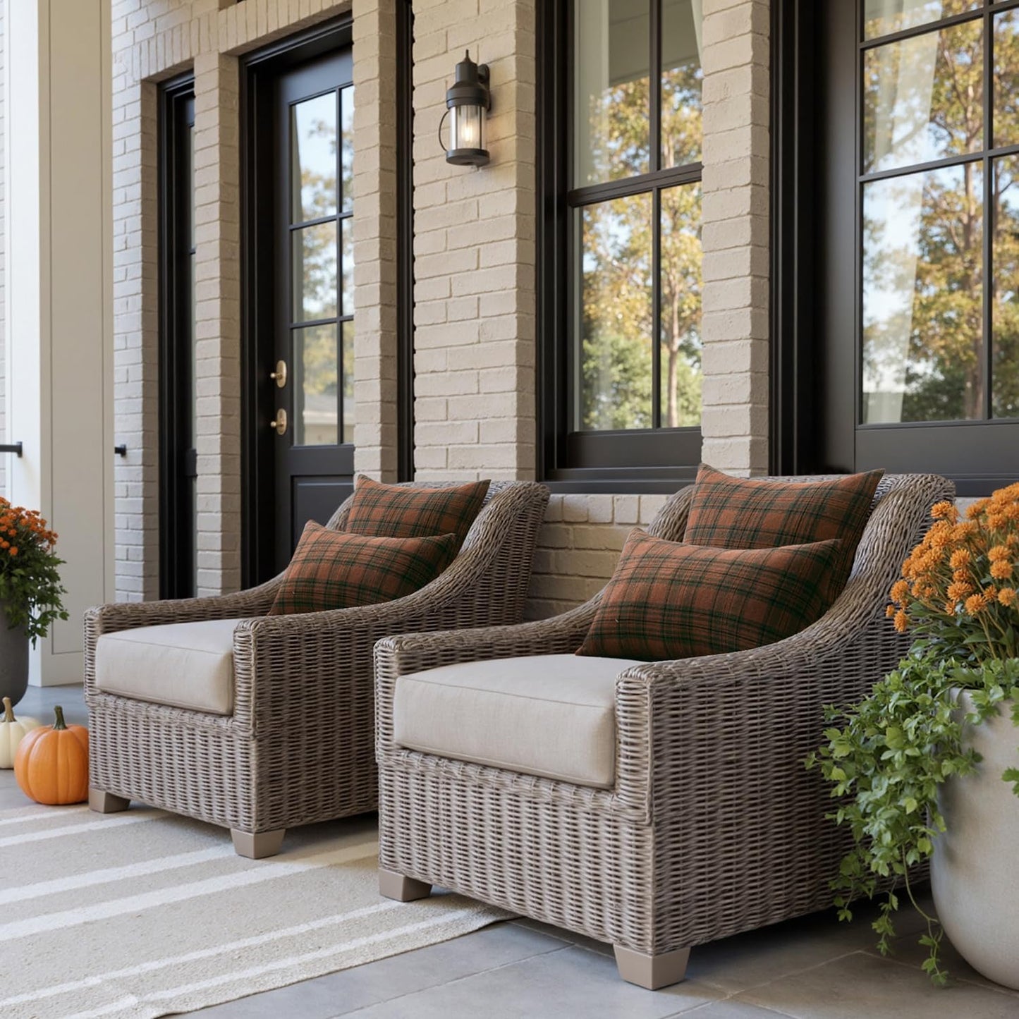 MIULEE Fall Set of 2 Scottish Tartan Plaid Throw Pillow Covers Farmhouse Classic Decorative Outdoor Square Cushion Cases for Halloween Thanksgiving Decor Sofa Couch 20x20 Inch, Orange and Green