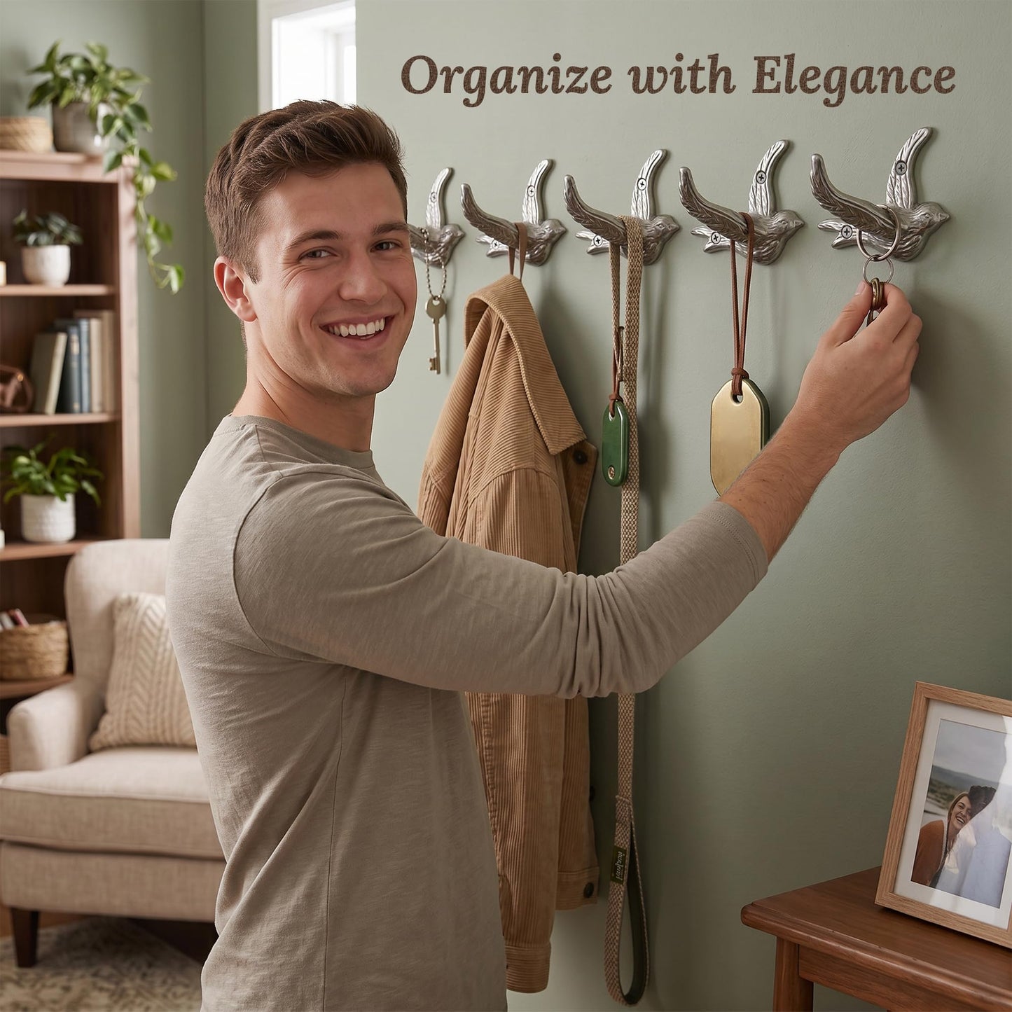 Flying Bird Decorative Wall Hooks (5 Pack) Cast Iron, Silver Coat Hooks, Wall Mounted - Farmhouse Decor, Hooks for Coats, Bags, Hats, Towels, Easy to Install (Antique Silver Hooks)