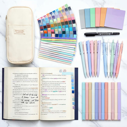 Trandraft 135 Pcs Book Annotation Kit with Pencil Case, 12 Pastel Highlighters, 11 Gel Pens, Fine Marker, 300 Transparent Sticky Notes, 2640 Index Tabs, Bible Study Supplies Kit(Classic,Beige)