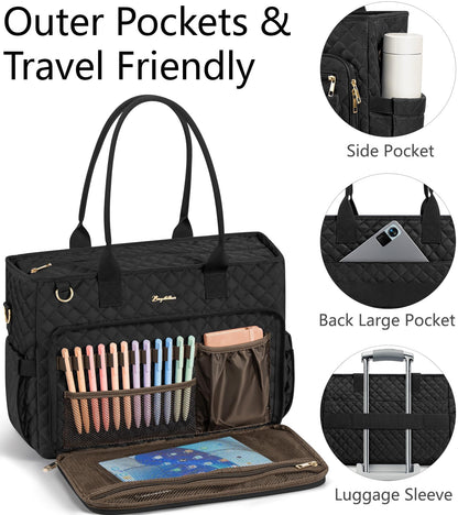 Teacher Tote Bags for Women, 15.6 inch Laptop Work Tote Nurse Bible Bag With Large Cup Holder & Insulated Pocket Quilted Shoulder Handbag Laptop Briefcase for Work, Daily, School, Travel, Gifts