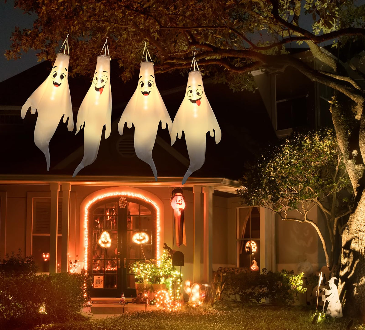 Halloween Ghost Decorations Outdoor: with Timer, 2 Pcs Cute Hanging Ghost for Tree Porch Garden Yard, Waterproof LED Ghost Halloween Decor