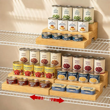 Expandable 3-Tier Wooden Can Organizer for Pantry, Adjustable Shelf Holds 24 Cans, Storage Rack for Cabinet & Countertop, Space Saving Pantry Organizer for Small Kitchens and Apartments