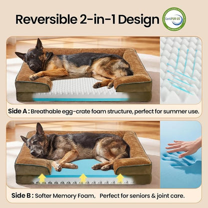 OhGeni Orthopedic Dog Bed Couch Big Cat Sofa for Extra Large Sized Pets with Memory Foam, Machine-Washable Waterproof Removable Cover, Soft Comfortable Fabric, 44-inch (Brown)