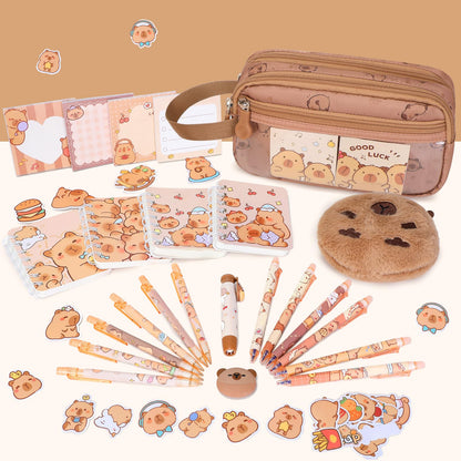 Similove Capybara Theme Backpack for School Girls, 35PCS Kids Backpack Set with School Supplies Stationery Kit Lunch Box Pencil Case, Cute Girls Bookbag for Kindergarten Elementary Student