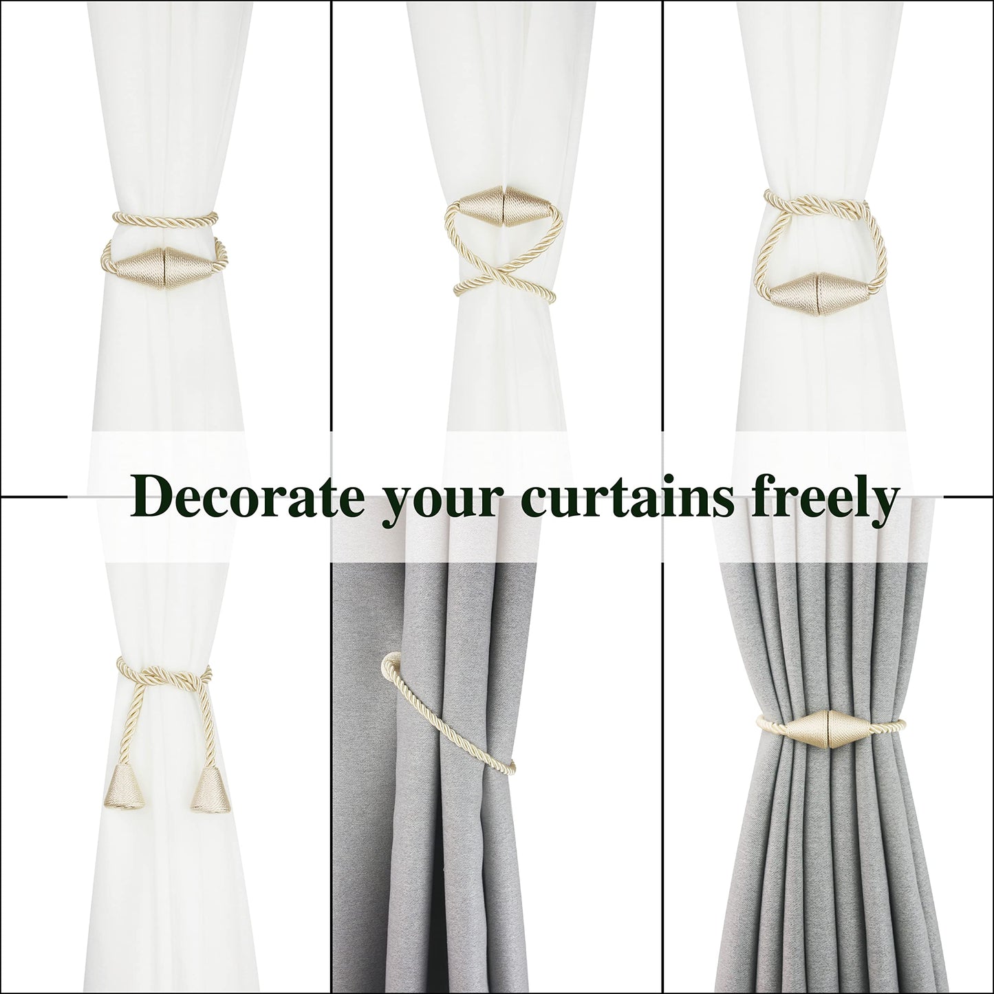 Nieffeiy 4 Pack Magnetic Curtain Tiebacks Rope Modern Handmade Curtain Tie Backs Decorative Drapes Weave Holdbacks for Window Décor, Beige