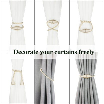 Nieffeiy 4 Pack Magnetic Curtain Tiebacks Rope Modern Handmade Curtain Tie Backs Decorative Drapes Weave Holdbacks for Window Décor, Beige