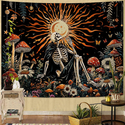 Kanuyee Fantast Meditating Skeleton Tapestry Mushroom Wall Art Tapestries Gothic Boho Room Decor Aesthetic Wall Hanging for Bedroom Dorm Living Room Fantasy Art 90x70 Inch