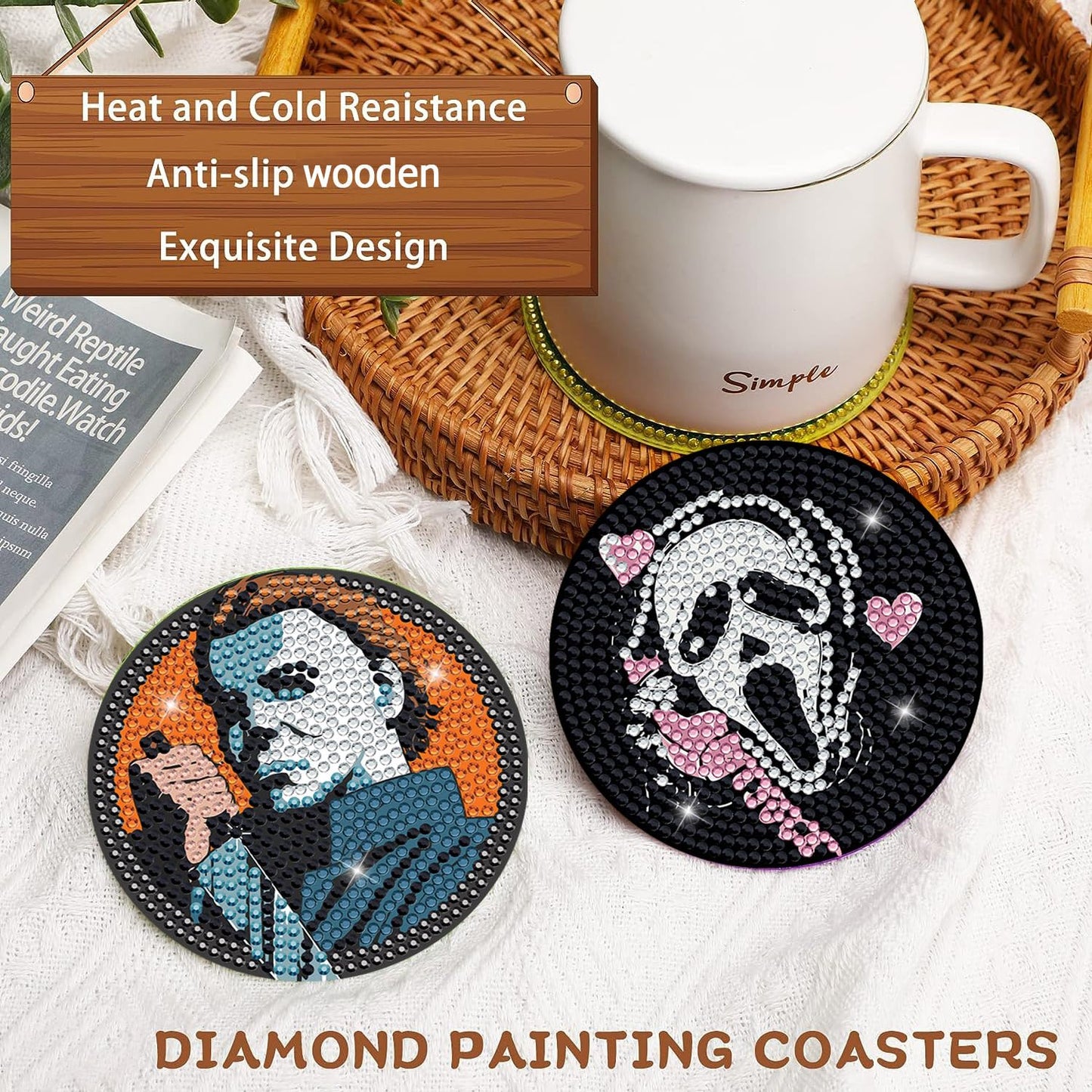 Bysincy 6 PCS Diamond Painting Coasters Kits with Holder Horror Halloween, DIY Funny Jack Skull Diamond Art Coaster Sets for Beginners Adults and Kids Art Craft Supplies Holiday Gift