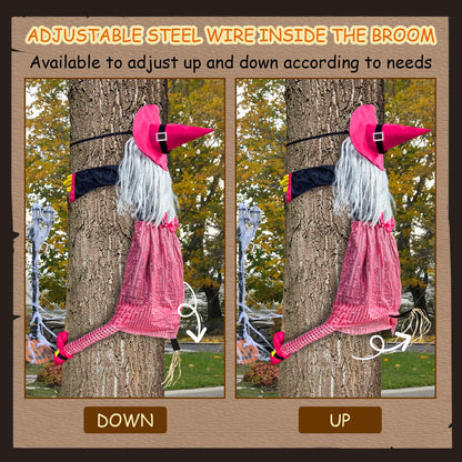 Mewcooss 67" Large Crashing Witch Halloween Decor - Pink Witch Halloween Decor Crashing into Tree Props Halloweens Flying Witches Decoration with Broom for Outdoor Backyard Garden & Lawn