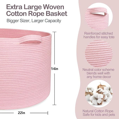MEGASKET Extra Large Pink Basket, 22"x22"x14" Woven Cotton Rope Bin with Handles, Blanket Storage for Living Room, Baby Kids Toy Storage Bin Box, Wicker Laundry Basket, Pink Room Decor Organizing