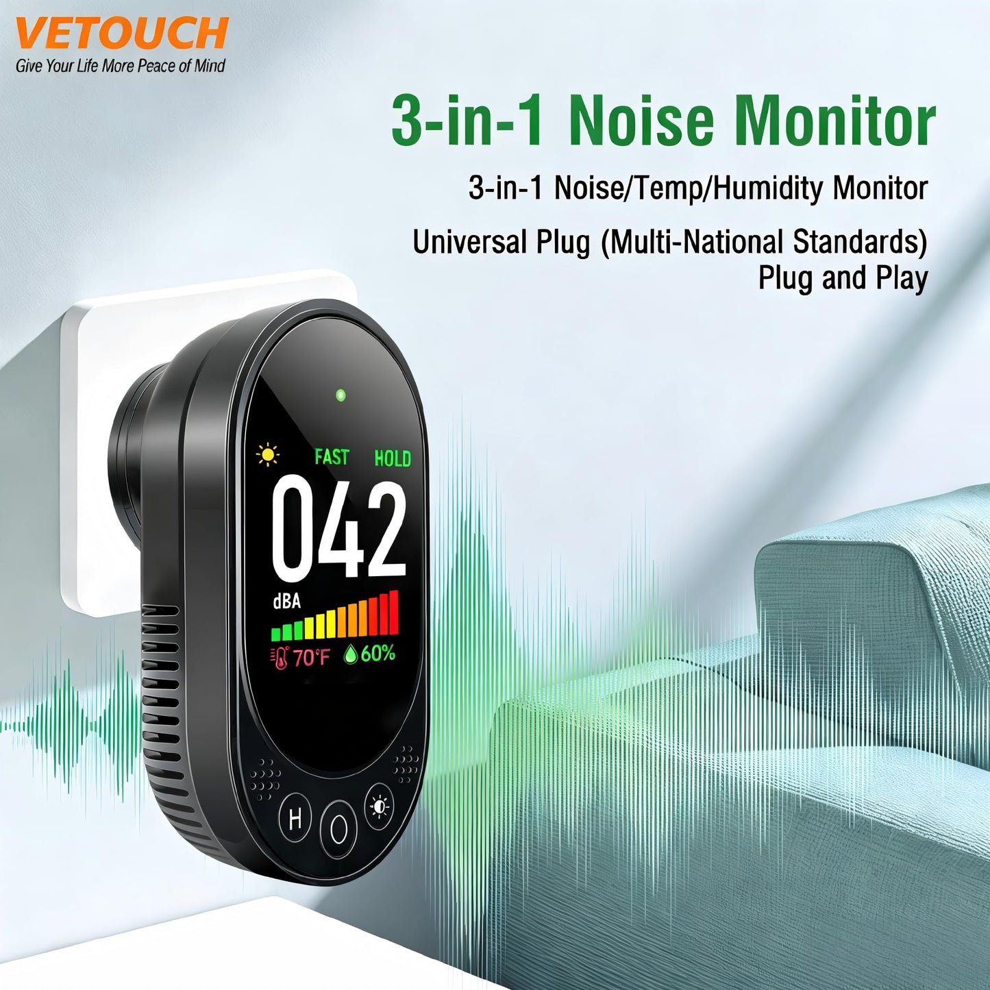 VETOUCH Decibel Meter, Plug-in Sound Level Meter, 3-in-1 Sound Decibel Meter & Noise Decibel Meter, Decibel Meter Sound Level Reader for Wall, Apartment, Classroom, RV & Home, 30-130dBA