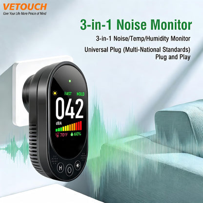 VETOUCH Decibel Meter, Plug-in Sound Level Meter, 3-in-1 Sound Decibel Meter & Noise Decibel Meter, Decibel Meter Sound Level Reader for Wall, Apartment, Classroom, RV & Home, 30-130dBA