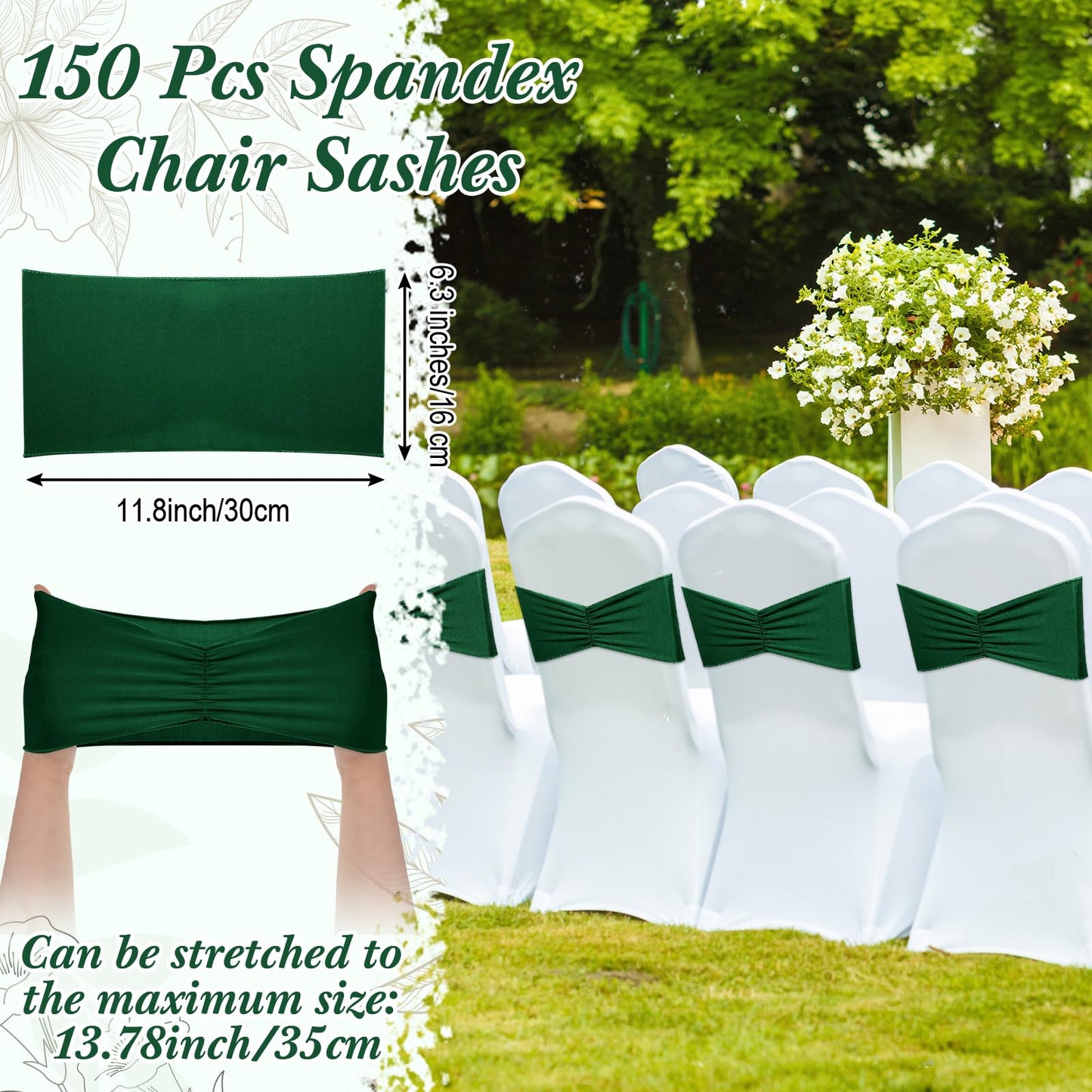 Moukeren 150 Pcs Spandex Chair Sashes Bows Bands Chair Covers Decorations Elastic Ribbon Seat Ties for Wedding Birthday Party Banquet Hotel Events Ceremony(Green)