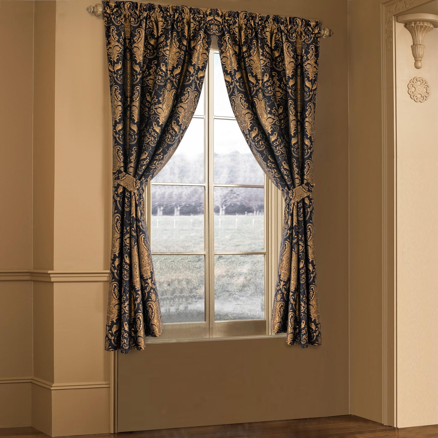Loom and Mill Luxury Black Damask Curtains for Bedroom, Textured Lined Jacquard Curtains 2 Panels with Tiebacks, Window Curtain for Living Room Banquet Halloween Decor, Rod Pocket(42”x 63”, 2 Panels)