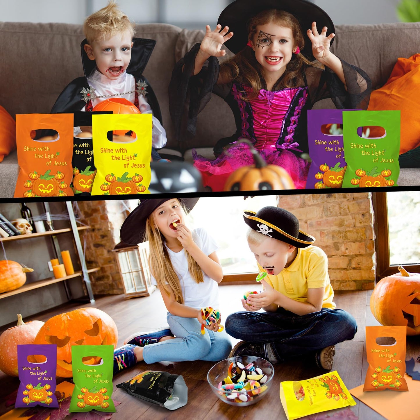 Tenceur 300 Pcs Halloween Religious Pumpkin Candy Bags for Kids Bulk Christian Jesus Bible Gift Goody Halloween Bags for Party Favor