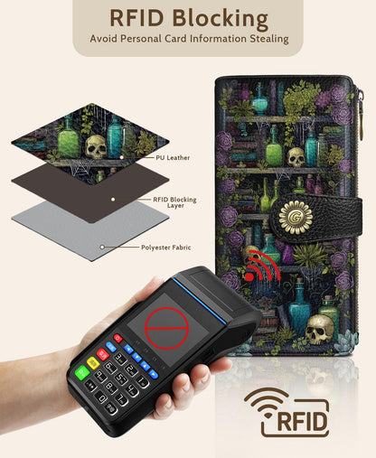 GIANCOMICS Goth Book Shelf Womens Wallet RFID Blocking, Gothic Skull Witchy Credit Card Holder Bifold, PU Leather Travel Billfold, Long Cute Cash Purse, Zipper Coin Pocket Clutch, Ladies Gift Woman