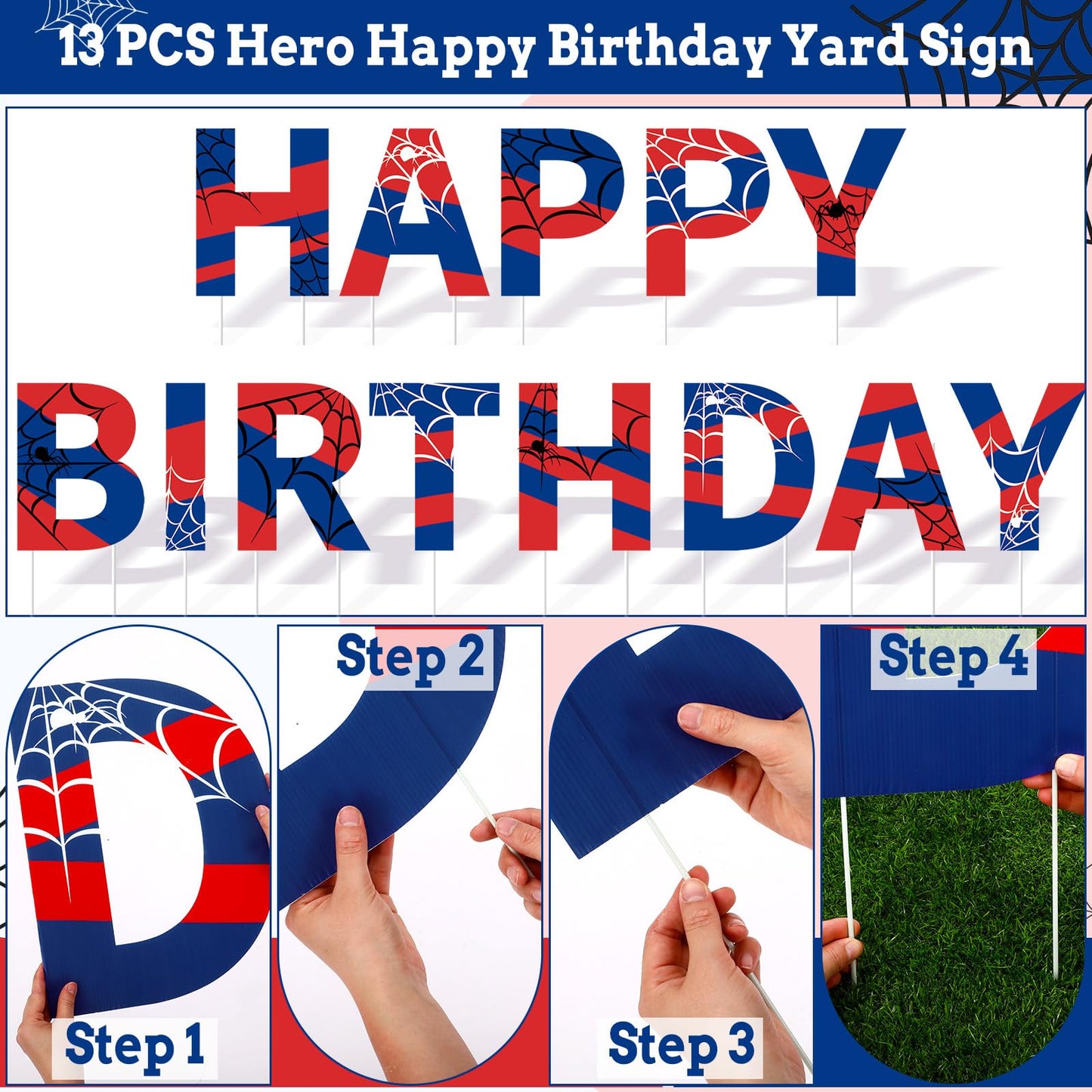 Threehoney 13 Pcs Spider Happy Birthday Yard Sign with Stakes, 16" Super Happy Birthday Letter Lawn Signs, Outdoors Birthday Decorations Hero Birthday Theme Party Supplies for Outdoor Yard Lawn