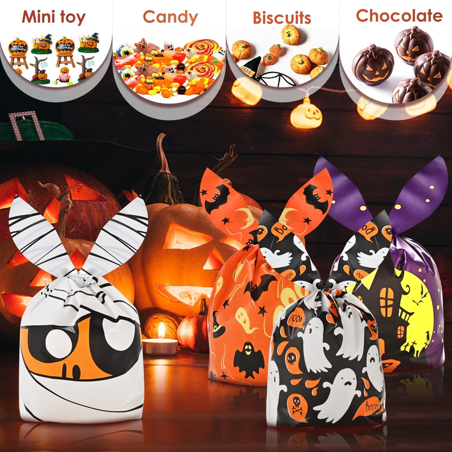 AhfuLife 120 PCS Halloween Treat Candy Bags, 6 Designs Halloween Goodie Bags for Trick or Treat, Small Cute Rabbit Ears Snack Bags for Party Supplies Favors
