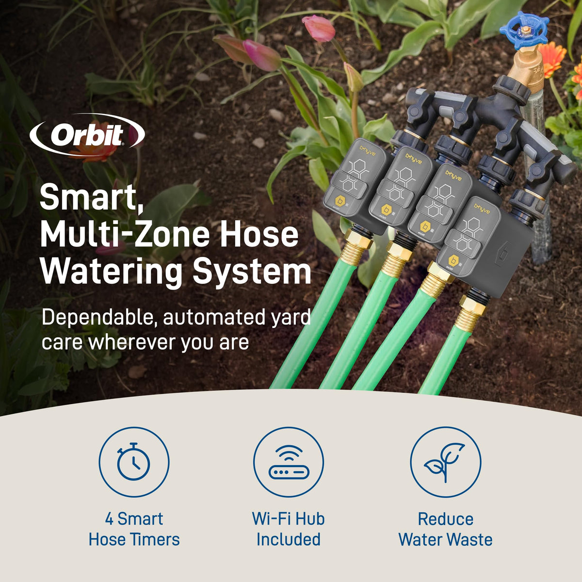 Orbit 21207 B-hyve Gen 2 Smart Hose Watering Timer, 4-Pack with Wi-Fi Hub and Hose Y Splitter