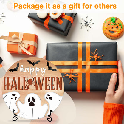 Seclate Halloween Desk Decorations for Home, Spider Wooden Table Centerpieces for Office Living Room Shelf Decor, Bat Ghost Gifts for Women Friends - E09