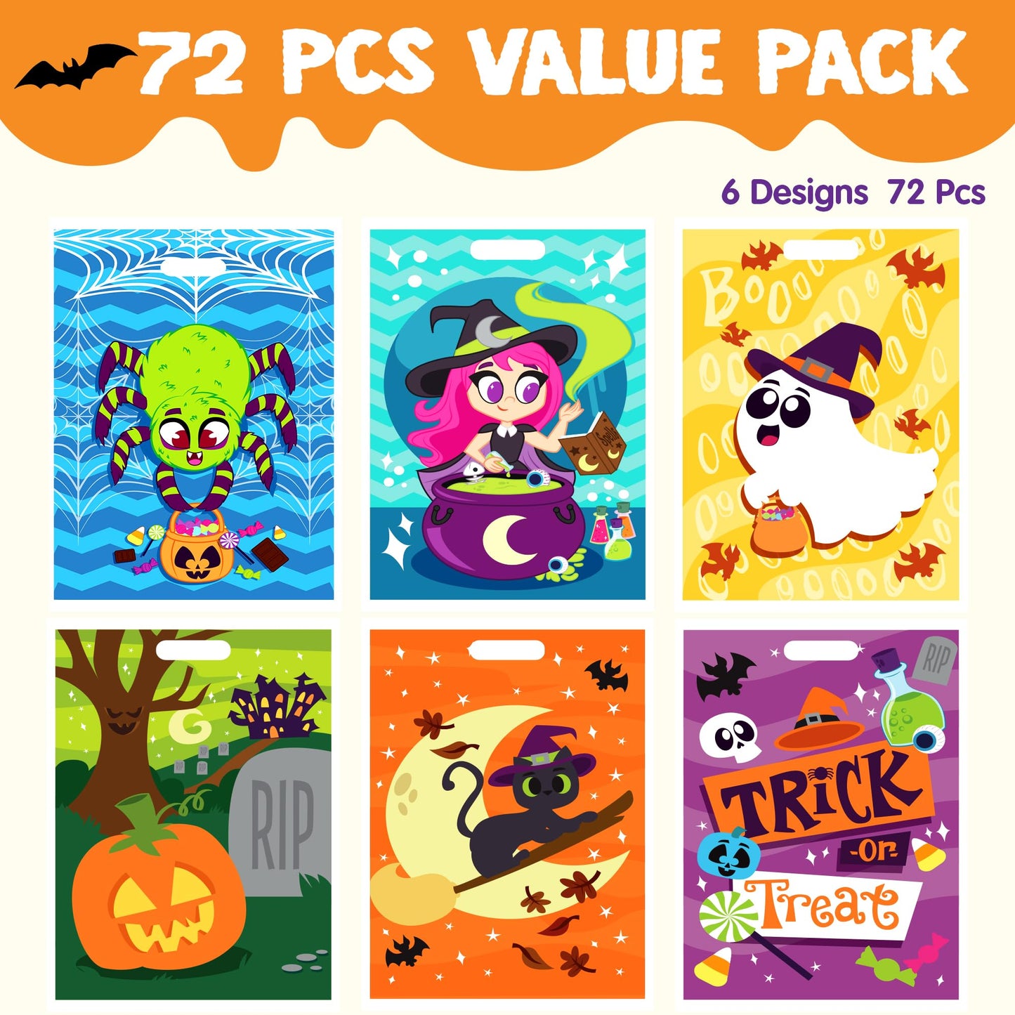 JOYIN 72 Pcs Halloween Goodie Bags, Plastic Candy Bags in 6 Designs for Kids Snacks Party Favors, Trick or Treating Bag for Halloween Party Supplies, Snacks Stuffers Prizes