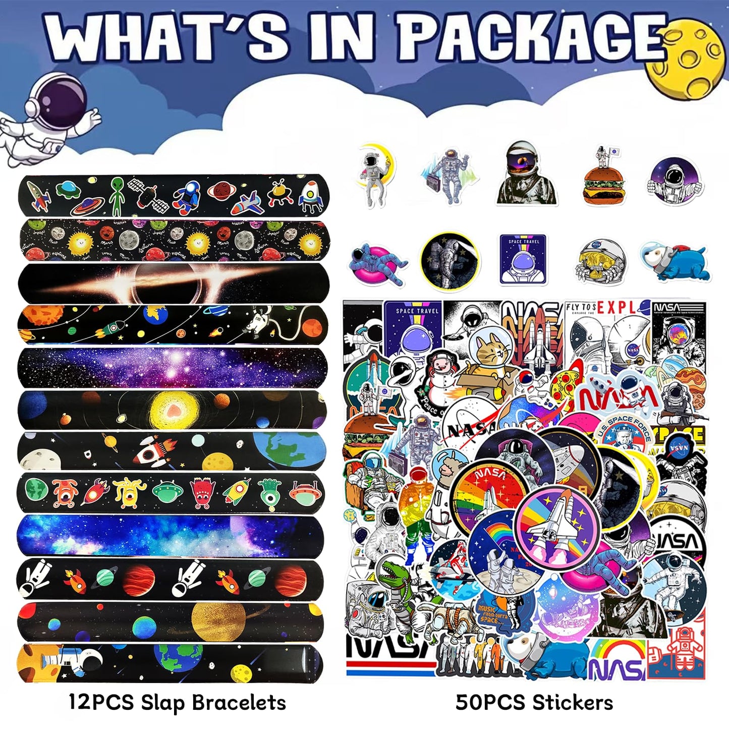 QZYCMHOO 152PCS Space Party Favors Set, Outer Space Birthday Decorations Including Slap Bracelets, Keychains, Gift Bags, DIY Stickers, Drinking Straws, Alien Birthday Supplies