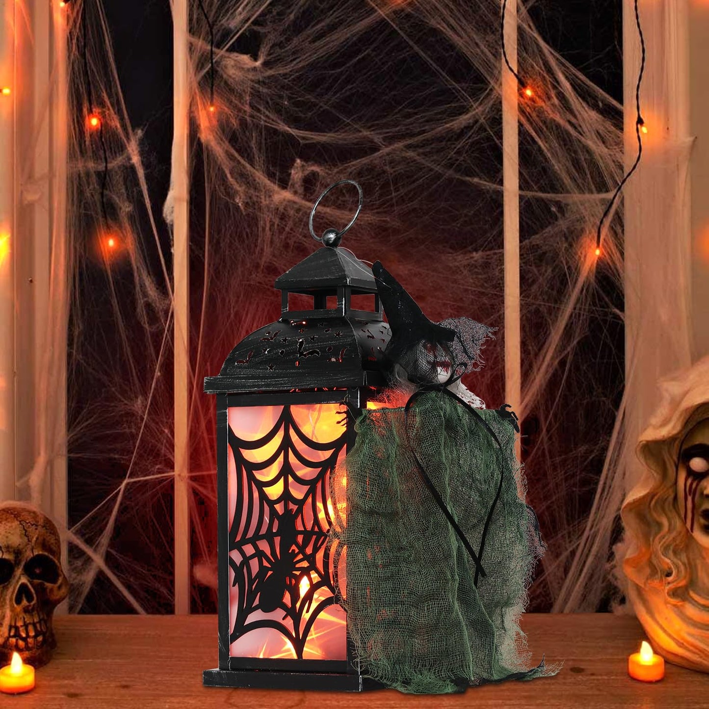 DECORKEY Halloween Decorations Indoor, 14.7" Spider Web Candle Glitter Lantern with LED Lights (8 Modes), Hanging Halloween Lanterns with Witch, Outdoor Home Room Table Party Hocus Pocus Decor