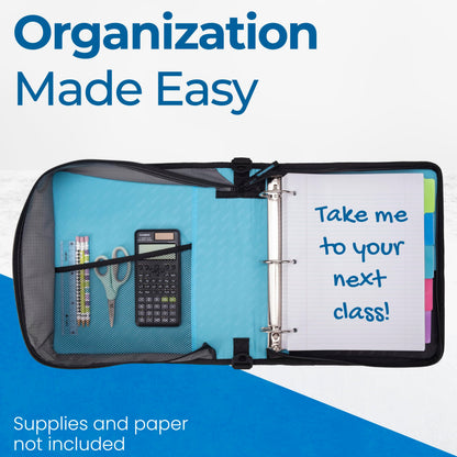 Case-it Classic Zipper Binder | 2-Inch O-Rings, 350 Sheet Capacity, Multiple Storage Pockets & Shoulder Strap | School & Office Organizer | D-251 Teal